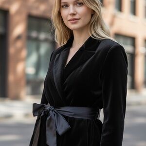 Elegant Blue  Velvet Blazer with Bow Satin Strap